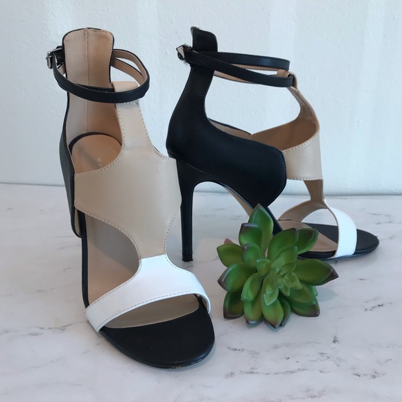 Metaphor Shoes - Metaphor Color Block Strappy Heels Black White 7